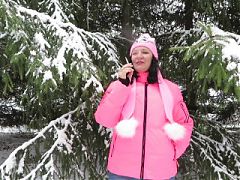 Milf smokes in the winter forest